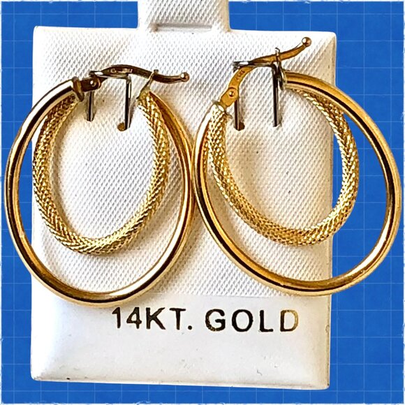 14K Yellow Gold Earrings Duble Hoops Italy 2.2 grams Leverback New - Picture 2 of 15